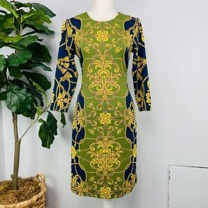 J. McLaughlin Baroque Gold Chain Print 3/4 Sleeve Mini Dress